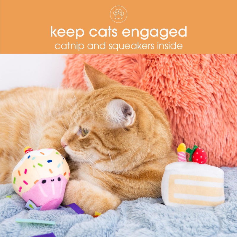 Pearhead Happy Birthday Cake Cat Toy Set, Stuffed Birthday Cake and Cupcake Cat Toys with Catnip and Squeakers, Interactive Fun Kitten Toys, Pet Owner Pet Birthday Gift, Ideal for Cat Lovers, Set of 2 - Image 3