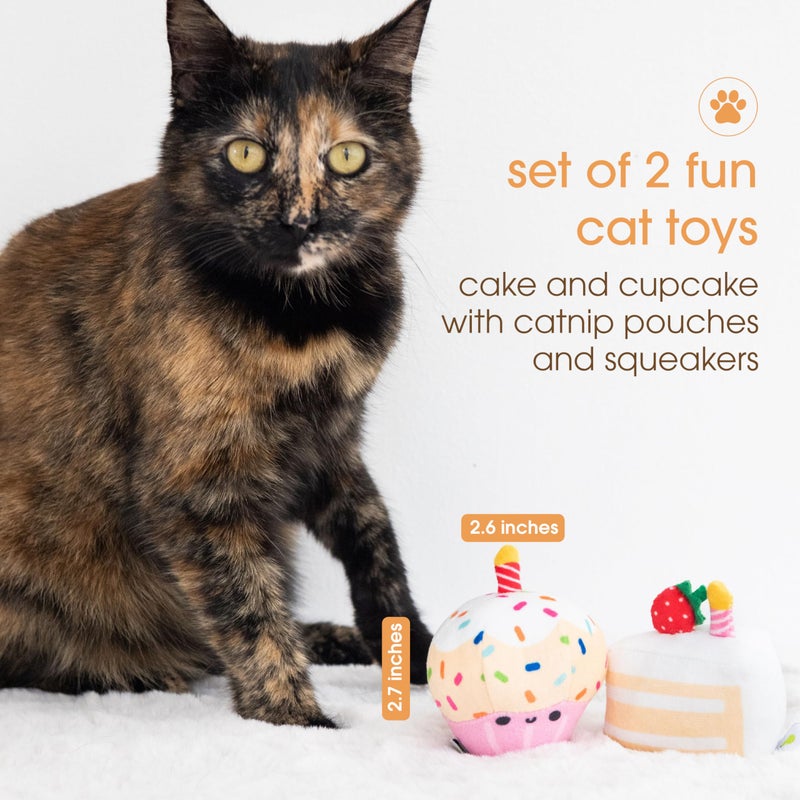 Pearhead Happy Birthday Cake Cat Toy Set, Stuffed Birthday Cake and Cupcake Cat Toys with Catnip and Squeakers, Interactive Fun Kitten Toys, Pet Owner Pet Birthday Gift, Ideal for Cat Lovers, Set of 2 - Image 2