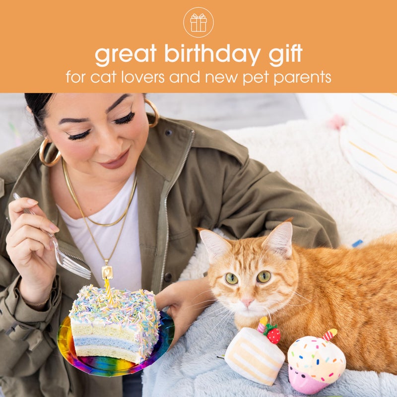Pearhead Happy Birthday Cake Cat Toy Set, Stuffed Birthday Cake and Cupcake Cat Toys with Catnip and Squeakers, Interactive Fun Kitten Toys, Pet Owner Pet Birthday Gift, Ideal for Cat Lovers, Set of 2 - Image 5