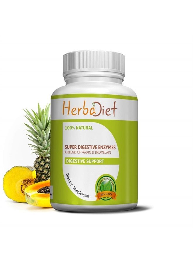 Herbadiet مكملات إنزيمات الهضم | مستخلص بروميلين وباباين 500 ملغ كبسولات | إنزيمات بروتوليتية مع ليباز ولاكتاز وأميلاز (60 كبسولة) - Image 1