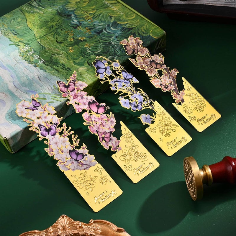 OFIFO ® Butterfly Metal Bookmark Set of 4, Vintage Cutout Rose Flower Sunflower Tassel Decorative Book Markers for Books, Textured Reading Accessories Gifts for Women Men Students - Image 1
