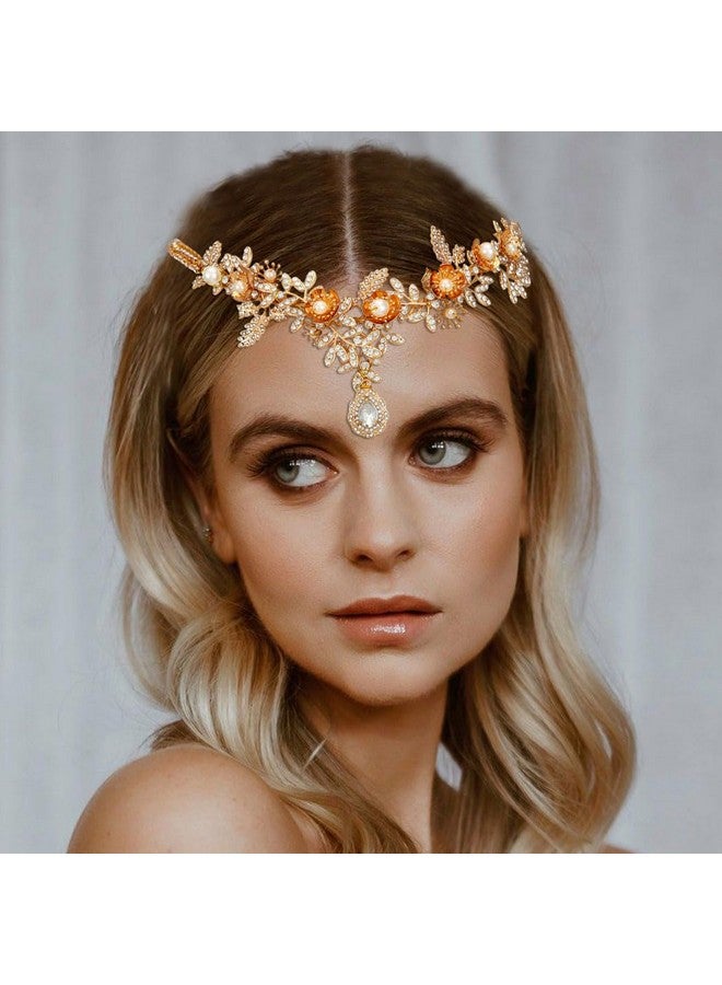 Yean Glod Crystal Headband Pearl Hair Band Rhinestone Vshaped Celtic Hair Band Bride Wedding Hair Accessories For Women And Girls - Image 1