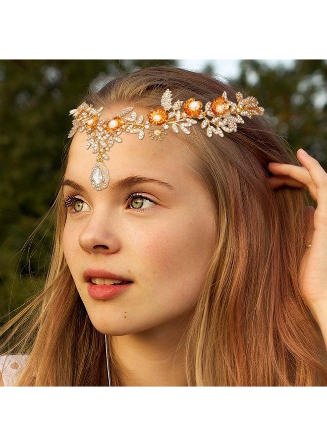 Yean Glod Crystal Headband Pearl Hair Band Rhinestone Vshaped Celtic Hair Band Bride Wedding Hair Accessories For Women And Girls - Image 3