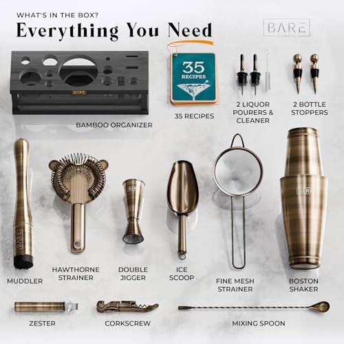 BARE BARREL® Mixology Bartender Kit Bar Set | 16-Piece Cocktail Shaker Set | Martini Barware Mixing Tools for Home Bartending | Incl. 35 Recipe Cards | Gift Set (28oz Boston Shaker, Brass/Black) - Image 4