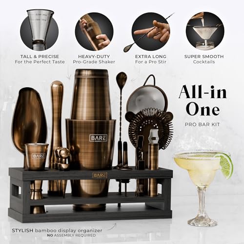 BARE BARREL® Mixology Bartender Kit Bar Set | 16-Piece Cocktail Shaker Set | Martini Barware Mixing Tools for Home Bartending | Incl. 35 Recipe Cards | Gift Set (28oz Boston Shaker, Brass/Black) - Image 2