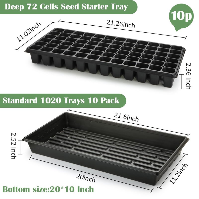 RooTrimmer 10 Pack 1020 Trays No Holes and 10 Pack 72 Cell Seed Starter Tray, 20" x 10" - Heavy Duty Reusable Plastic Seed Starter Kit for Microgreens, Seed Germination & Plant Propagation (10 Sets) - Image 2