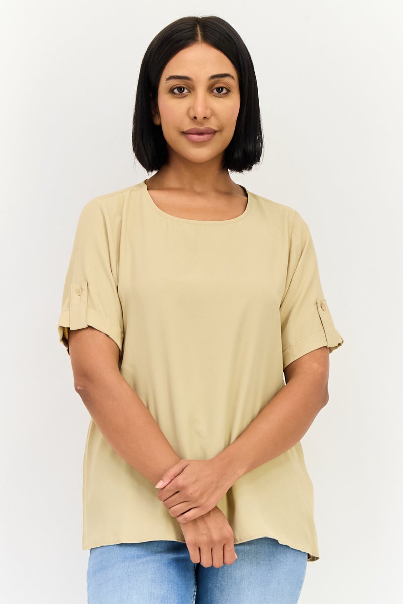 Threadbare Women Round Neck Short Sleeve Plain T-shirt, Tan - Image 1