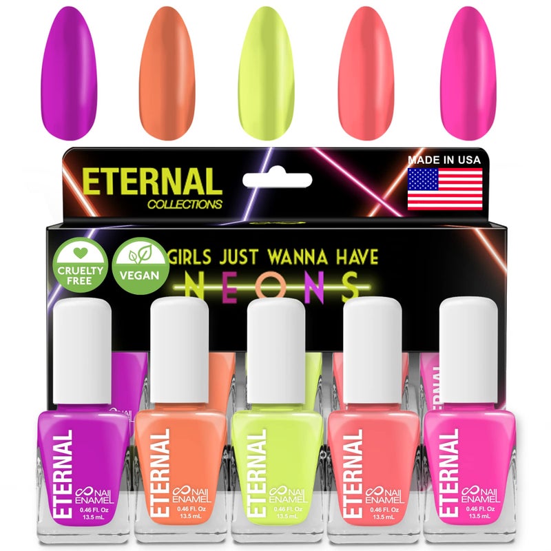 Eternal Neon Nail Polish Set for Women (GIRLS JUST WANNA HAVE NEONS) - Nail Polish Set for Girls - Lasting & Quick Dry Fingernail Polish Kit for Home DIY Mani Pedi - Made in USA, 13.5mL (Set of 5) - Image 1
