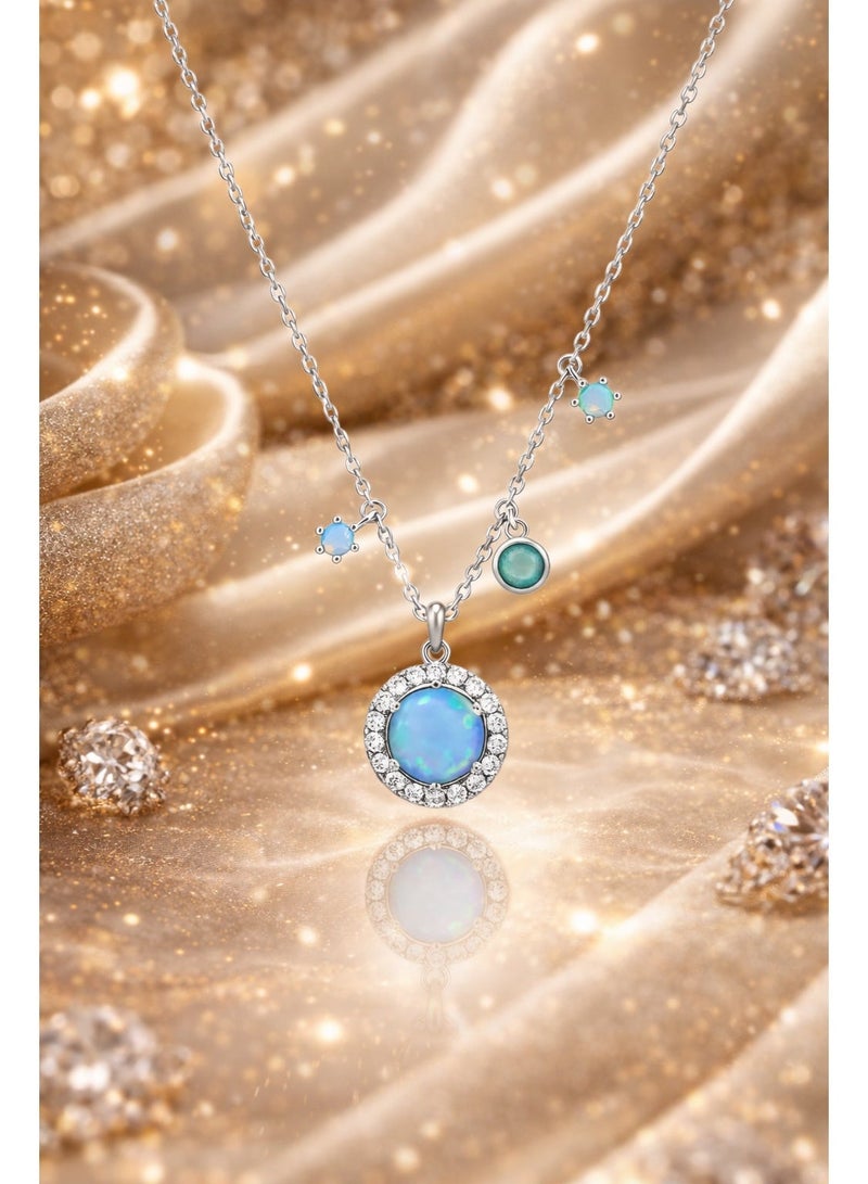 FINE SILVER 925 Sterling Silver Women's Multi-Stone Necklace with Round Blue Opal Pendants and Sparkling Zirconia - Image 3