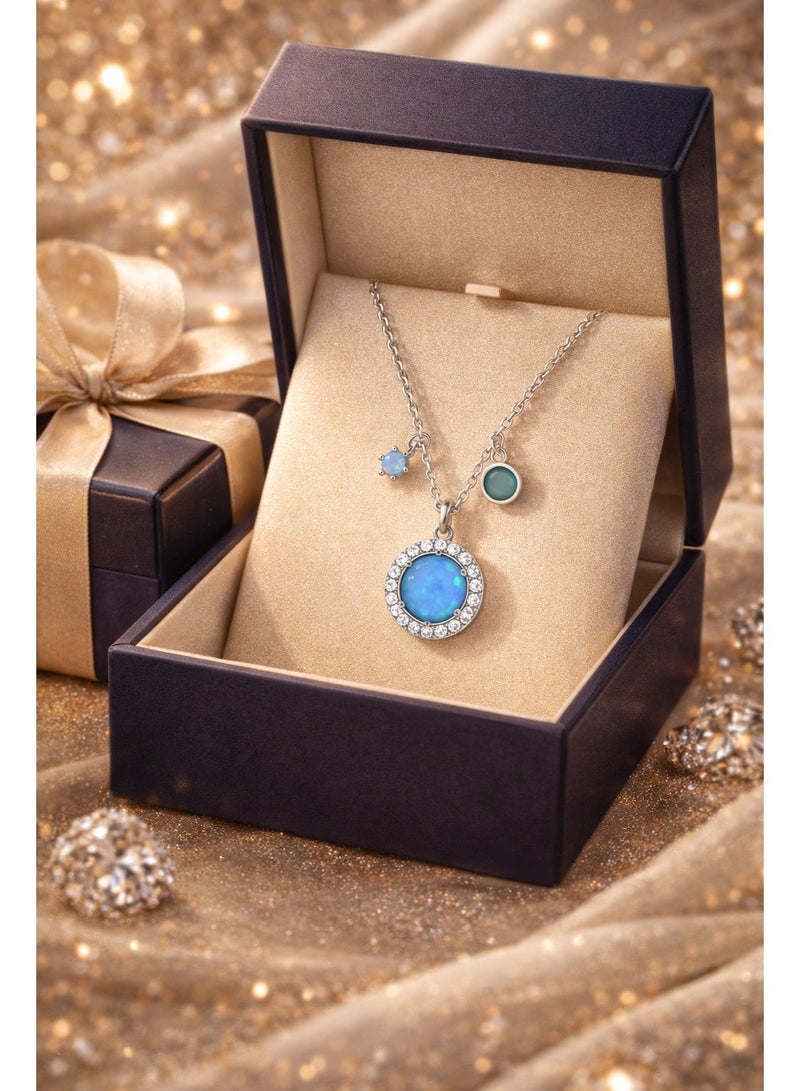 FINE SILVER 925 Sterling Silver Women's Multi-Stone Necklace with Round Blue Opal Pendants and Sparkling Zirconia - Image 4