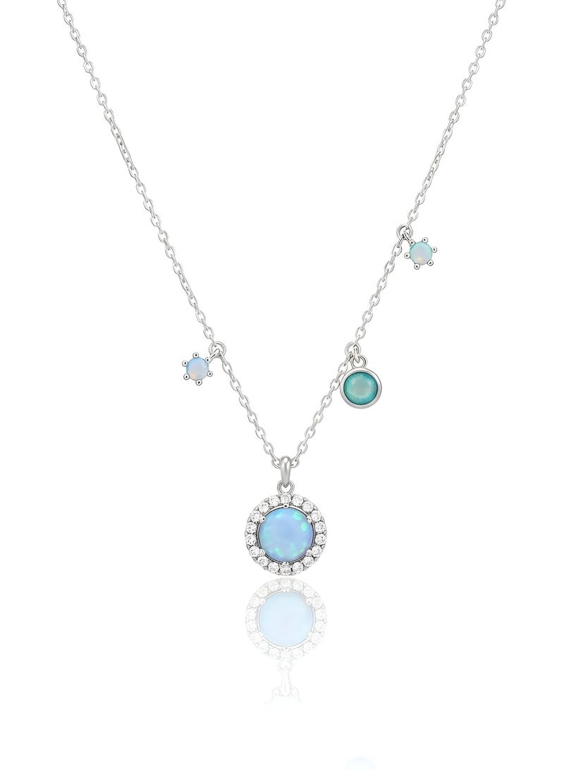 FINE SILVER 925 Sterling Silver Women's Multi-Stone Necklace with Round Blue Opal Pendants and Sparkling Zirconia - Image 1