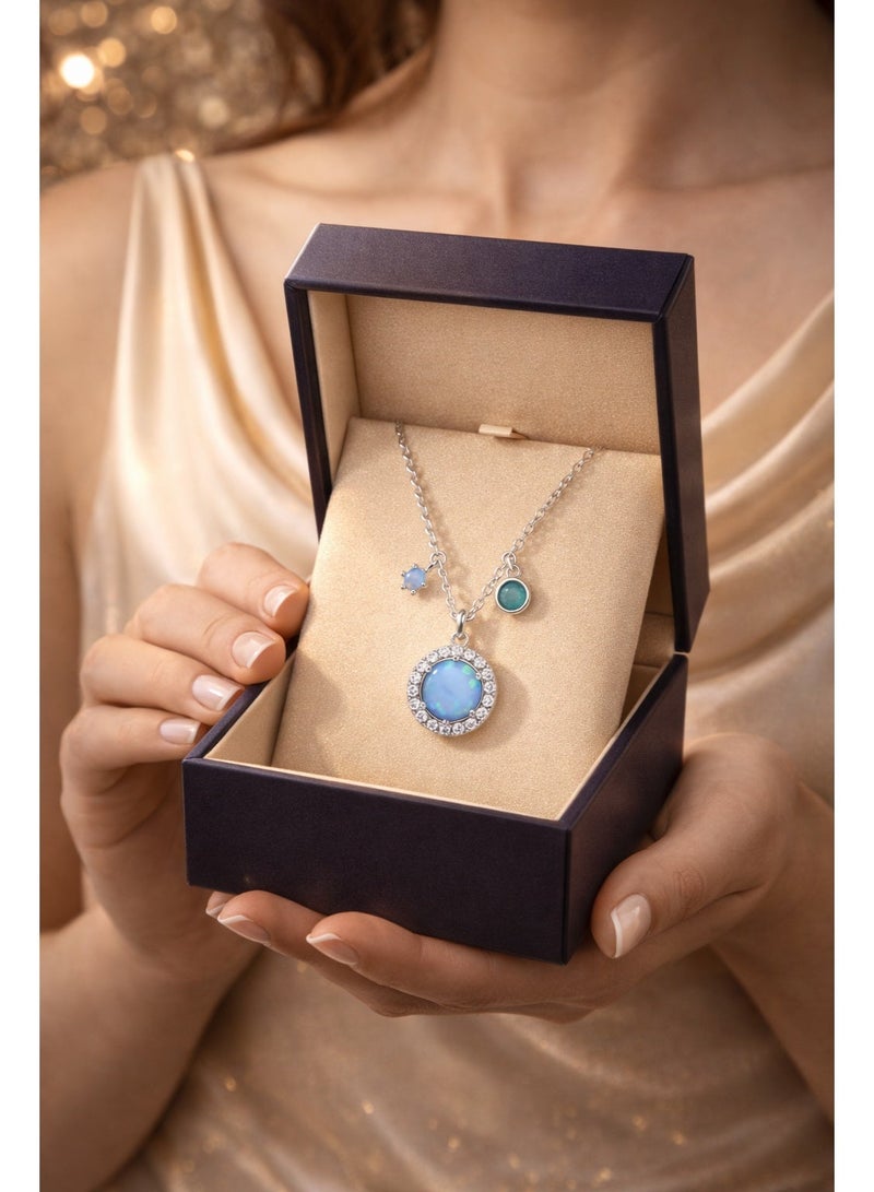 FINE SILVER 925 Sterling Silver Women's Multi-Stone Necklace with Round Blue Opal Pendants and Sparkling Zirconia - Image 2