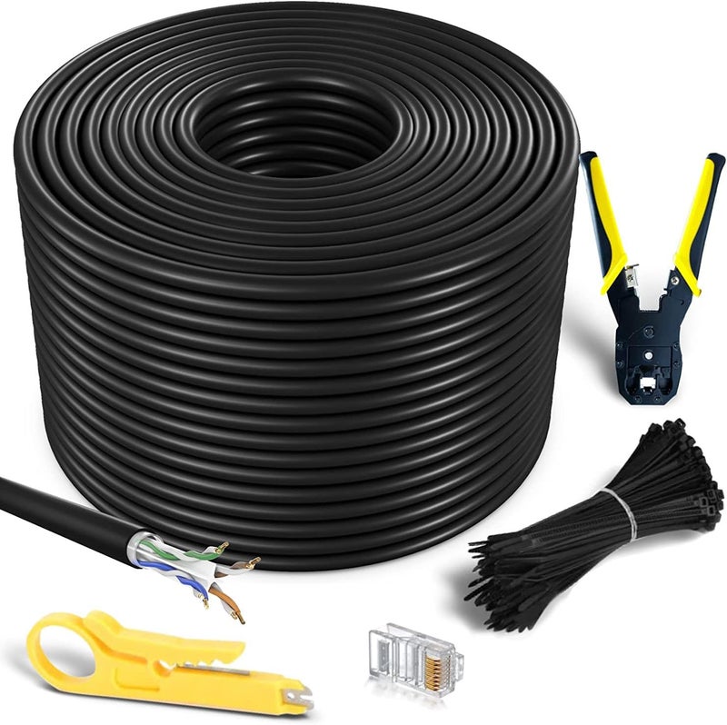 MutecPower 200m CAT6 Outdoor waterproof Direct Burial Ethernet Network Cable - UTP - CCA - 550 Mhz - Black 200 meter with Crimping tool RJ45 connectors and Cable Ties - Image 1