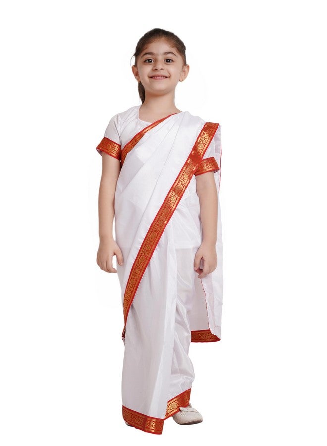 Kaku Fancy Dresses Polyester Indian State Bengali Dance White Saree Costume For Kids -White & Red, 3-4 Years, For Girls - Image 1