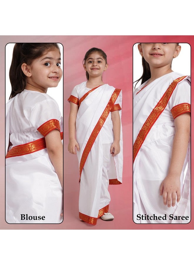 Kaku Fancy Dresses Polyester Indian State Bengali Dance White Saree Costume For Kids -White & Red, 3-4 Years, For Girls - Image 3