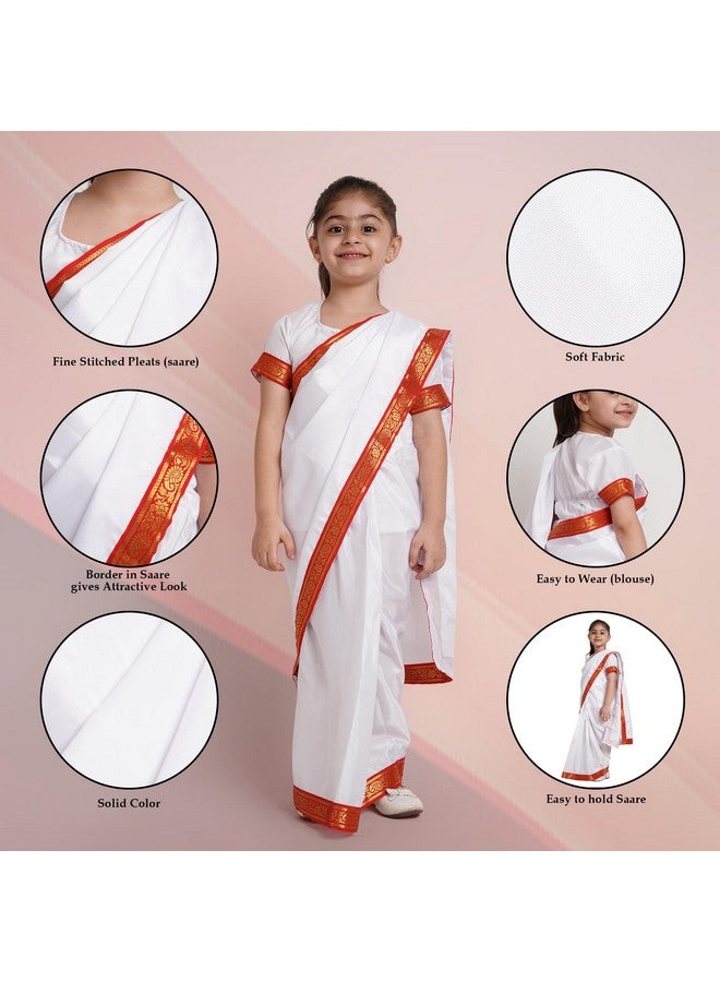 Kaku Fancy Dresses Polyester Indian State Bengali Dance White Saree Costume For Kids -White & Red, 3-4 Years, For Girls - Image 2