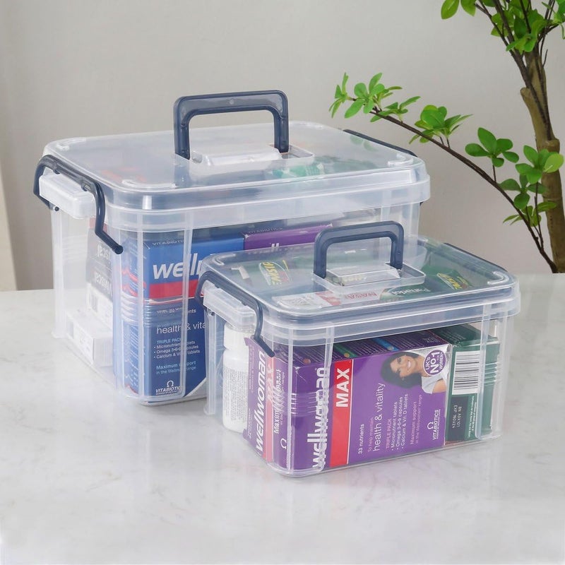 HEY FOLY 15qt Medicine Organizer Storage Box with Tray, Set of 2 Plastic First Aid Box Empty, Thickened Medicine Container Chest, Multipurpose Medical Case with Labels, Blue Medicine Caddy - Image 1