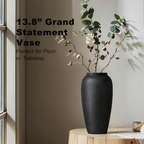UANYEMON 13.8 Inch Tall Matte Black Ceramic Vase, Large Textured Charcoal Black Decorative Vase for Pampas Grass, Flowers or Greenery, Modern Rustic Tabletop Accent for Entryway Living Room Mantel - Image 5