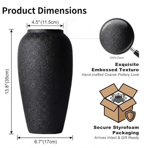 UANYEMON 13.8 Inch Tall Matte Black Ceramic Vase, Large Textured Charcoal Black Decorative Vase for Pampas Grass, Flowers or Greenery, Modern Rustic Tabletop Accent for Entryway Living Room Mantel - Image 2