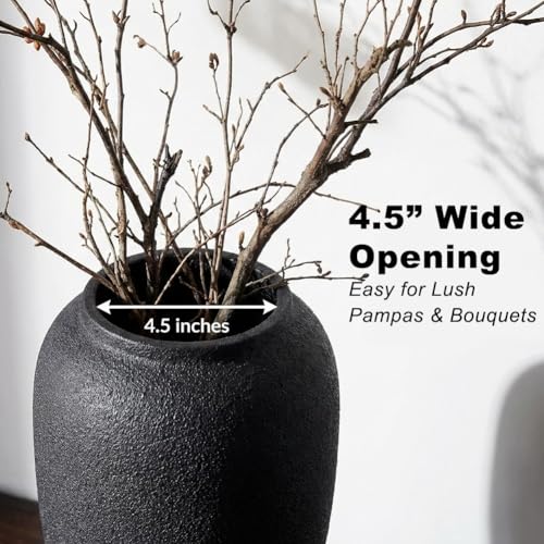 UANYEMON 13.8 Inch Tall Matte Black Ceramic Vase, Large Textured Charcoal Black Decorative Vase for Pampas Grass, Flowers or Greenery, Modern Rustic Tabletop Accent for Entryway Living Room Mantel - Image 3