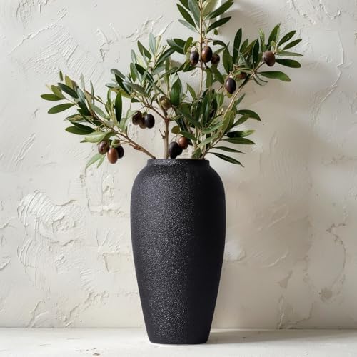 UANYEMON 13.8 Inch Tall Matte Black Ceramic Vase, Large Textured Charcoal Black Decorative Vase for Pampas Grass, Flowers or Greenery, Modern Rustic Tabletop Accent for Entryway Living Room Mantel - Image 1