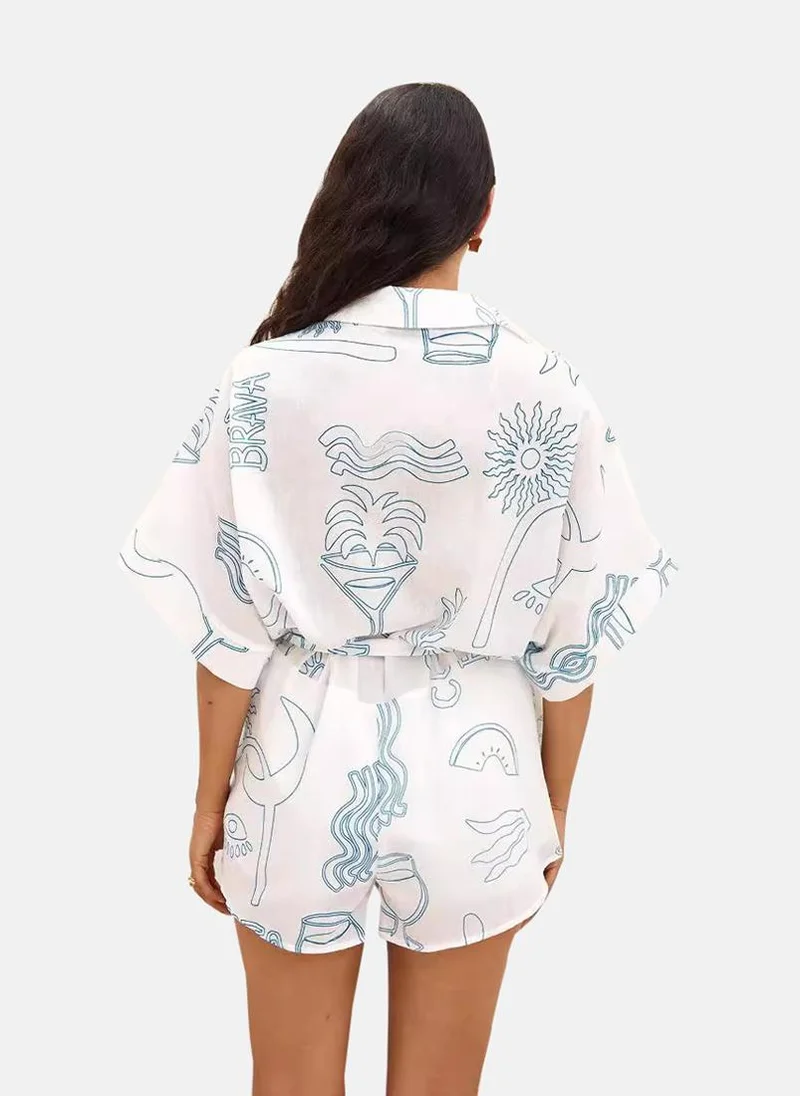 YUNIQEE White Collared Tropical Print Cropped Jumpsuit