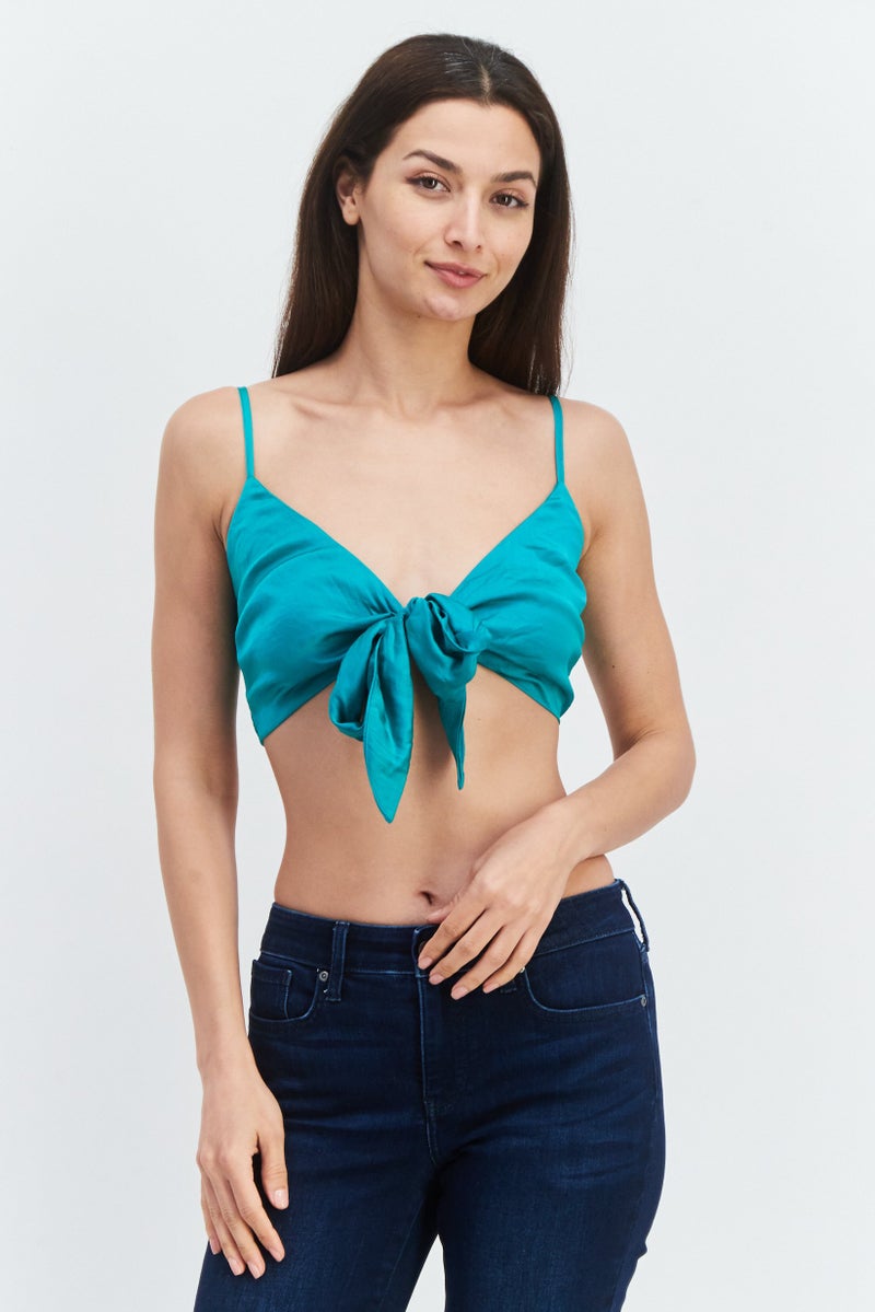 Etam Women Tie Neck Sleeveless Crop Top, Teal Green - Image 1