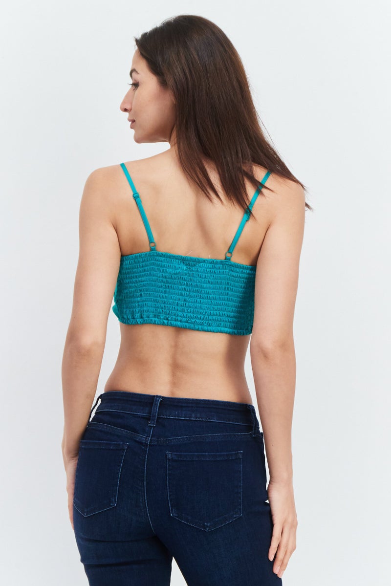 Etam Women Tie Neck Sleeveless Crop Top, Teal Green - Image 3