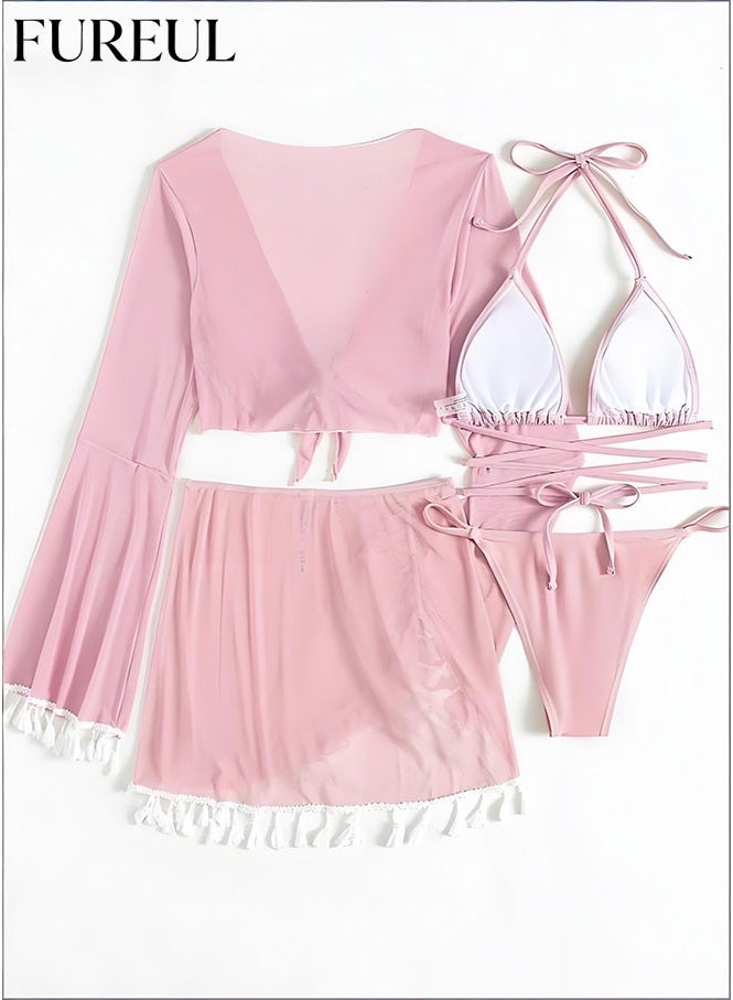 فوريول مجموعة من 4 قطع بيكيني للنساء، تتضمن بلوزة شفافة بتصميم كشكش للحماية من الشمس، تنورة قصيرة مقسمة، حمالات دقيقة مع مشبك، وحمالة صدر بيكيني. - Image 4
