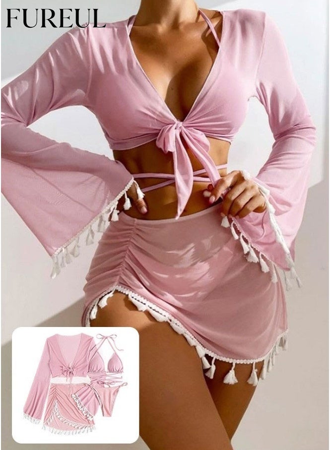 فوريول مجموعة من 4 قطع بيكيني للنساء، تتضمن بلوزة شفافة بتصميم كشكش للحماية من الشمس، تنورة قصيرة مقسمة، حمالات دقيقة مع مشبك، وحمالة صدر بيكيني. - Image 1