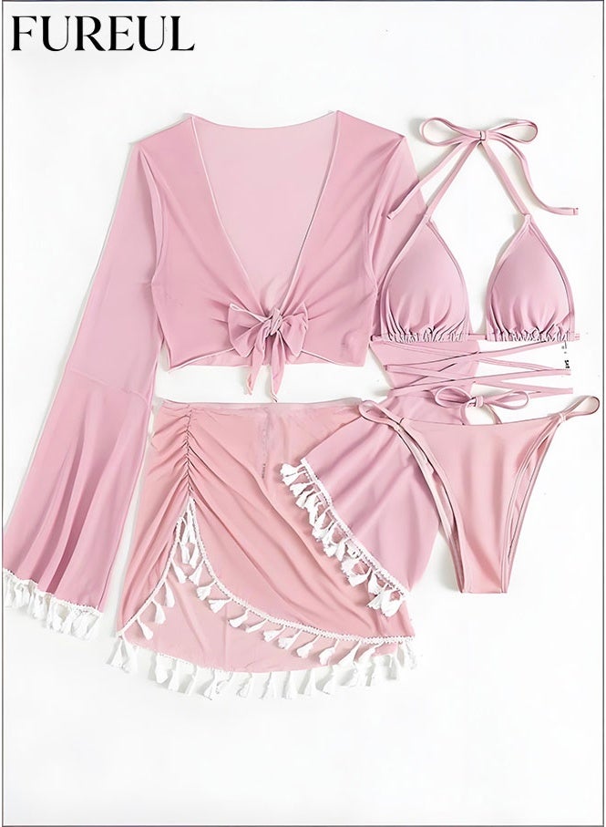 فوريول مجموعة من 4 قطع بيكيني للنساء، تتضمن بلوزة شفافة بتصميم كشكش للحماية من الشمس، تنورة قصيرة مقسمة، حمالات دقيقة مع مشبك، وحمالة صدر بيكيني. - Image 3