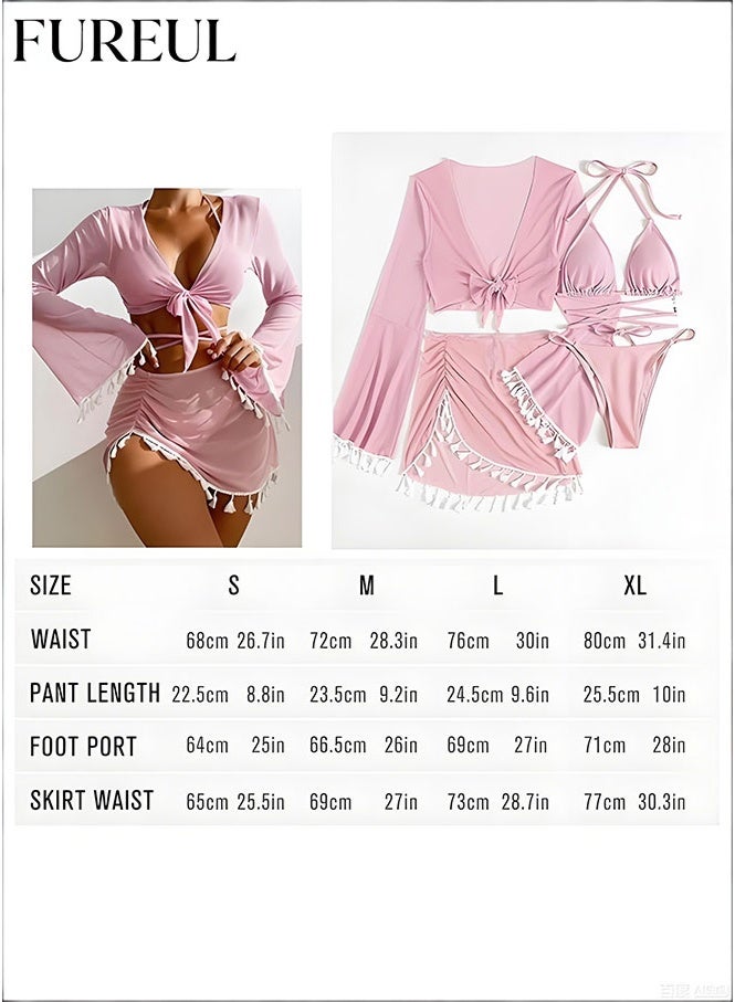 فوريول مجموعة من 4 قطع بيكيني للنساء، تتضمن بلوزة شفافة بتصميم كشكش للحماية من الشمس، تنورة قصيرة مقسمة، حمالات دقيقة مع مشبك، وحمالة صدر بيكيني. - Image 5