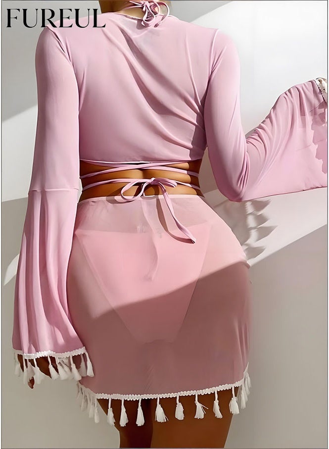 فوريول مجموعة من 4 قطع بيكيني للنساء، تتضمن بلوزة شفافة بتصميم كشكش للحماية من الشمس، تنورة قصيرة مقسمة، حمالات دقيقة مع مشبك، وحمالة صدر بيكيني. - Image 2