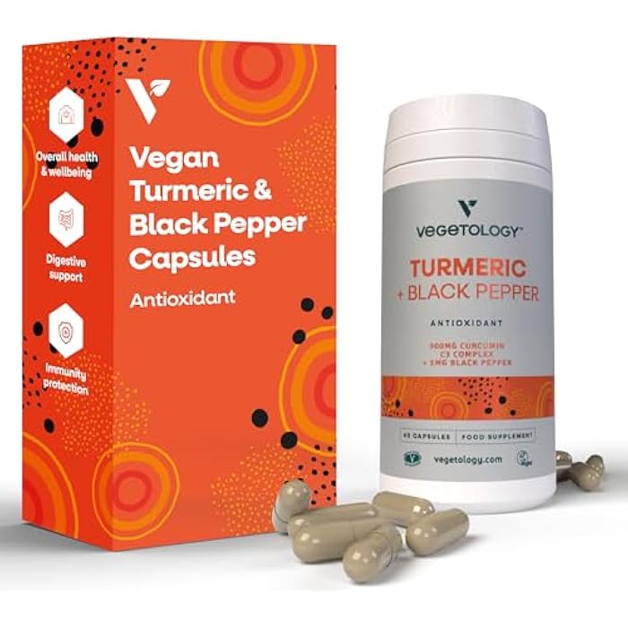 VEGETOLOGY Vegan Turmeric & Black Pepper Capsules (60 Capsules) – Tumeric Supplements Capsules 1 a Day — Supplements for Adults and Children - Image 1