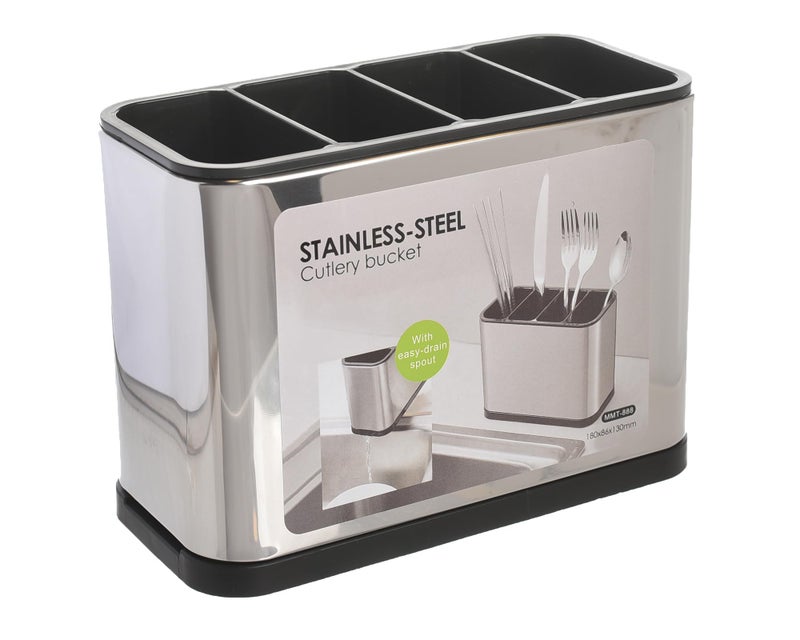 SH-792 Cutlery Bucket Stainless Steel Holder - Kitchen Utensil Organizer for Chopsticks, Spoons and Small Tools - Silver