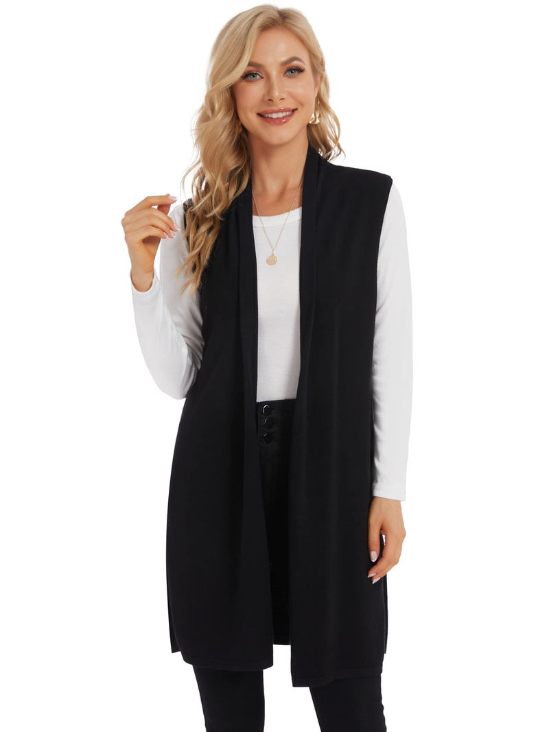 Moss Rose Women's Long Knit Cardigan Vest Casual Sleeveless Open Front Draped Duster Vest Sweaters Black S - Image 1