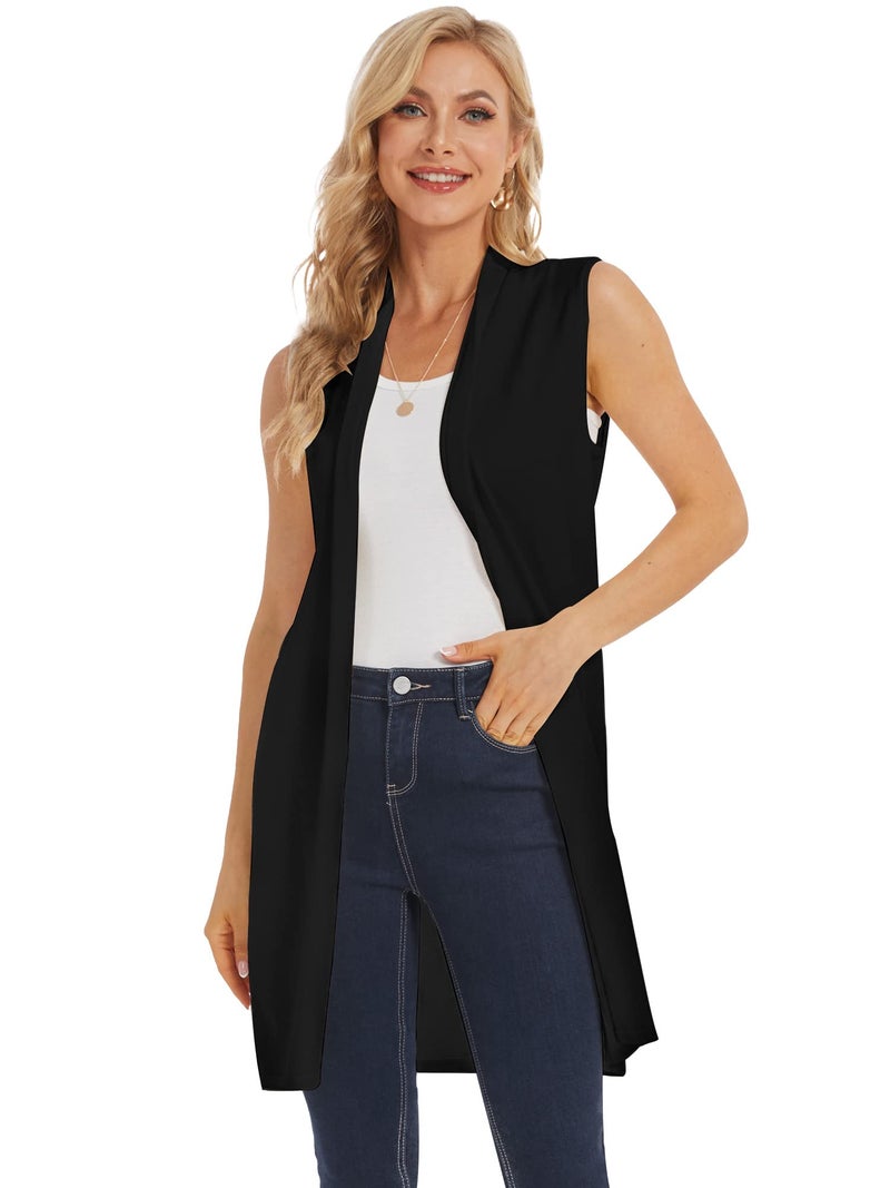 Moss Rose Women's Long Knit Cardigan Vest Casual Sleeveless Open Front Draped Duster Vest Sweaters Black S - Image 4