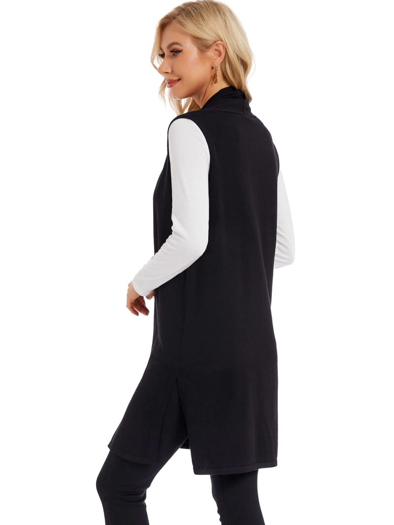 Moss Rose Women's Long Knit Cardigan Vest Casual Sleeveless Open Front Draped Duster Vest Sweaters Black S - Image 2