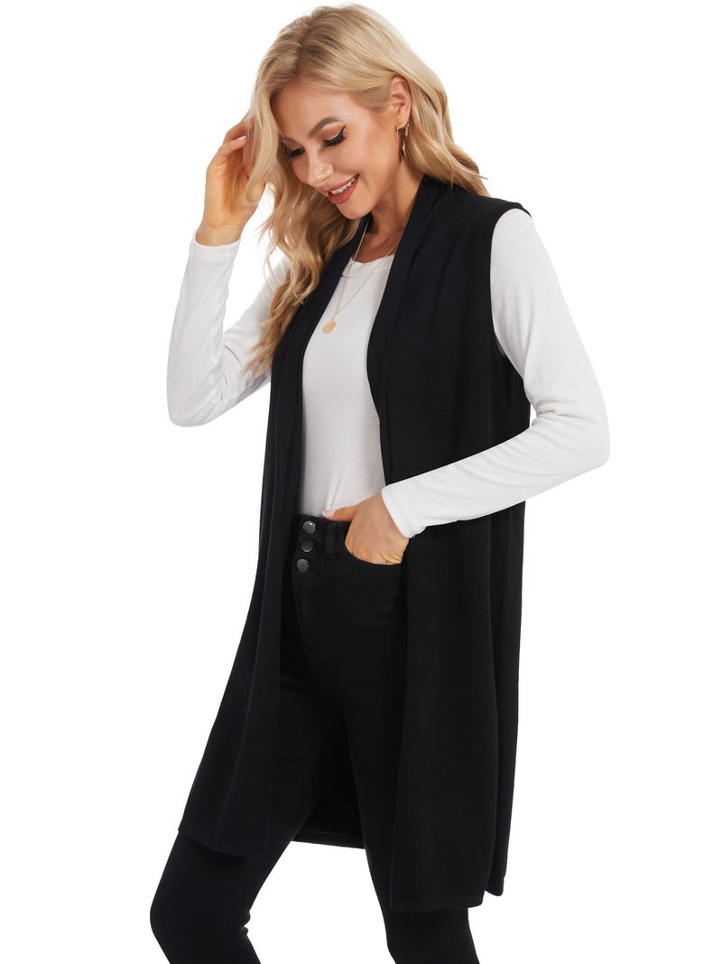 Moss Rose Women's Long Knit Cardigan Vest Casual Sleeveless Open Front Draped Duster Vest Sweaters Black S - Image 3