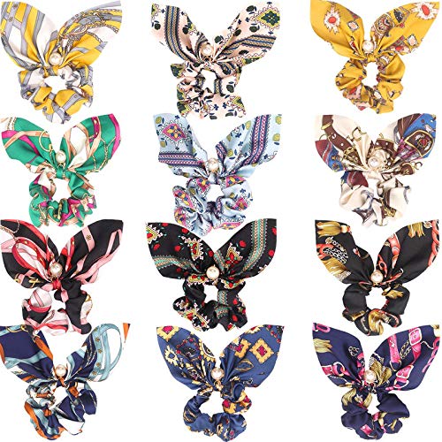 Belicia 12Pcs Big Bow Hair Scrunchies Silky Bunny Scrunchy Elastic Hair Bands Hair Ponytail Holder Scrunchy Ties Vintage Accessories for Women Ladies - Image 3
