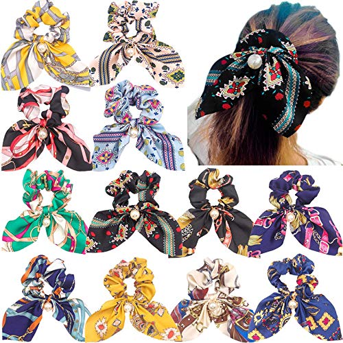 Belicia 12Pcs Big Bow Hair Scrunchies Silky Bunny Scrunchy Elastic Hair Bands Hair Ponytail Holder Scrunchy Ties Vintage Accessories for Women Ladies - Image 1