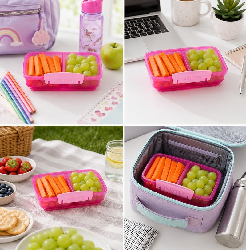 Sistema Small Split Lunch Box 350ml Pink with Dual Compartments, Easy Lock Clip Lid, BPA Free Food Storage Container for Snacks, Fruits & Meal Prep, Reusable Lunch Box Made in New Zealand - Image 5