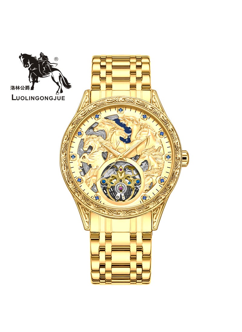 Generic - Lolin Duke New Mens Flying Wheel Steel Strap Automatic Mechanical Watch Waterproof Hollow Out Luxury Eight Horse Horsepower Steel Strip gold shell - Image 1