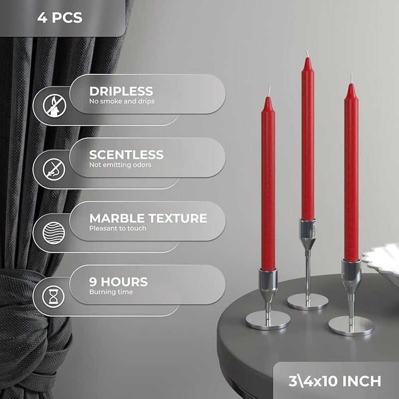 CANDWAX Red Taper Candles Pack of 4 - Slow Burning Dripless Unscented Straight Candles 10 inch - Ideal for Dinner Table - less Long Candlesticks - Image 2