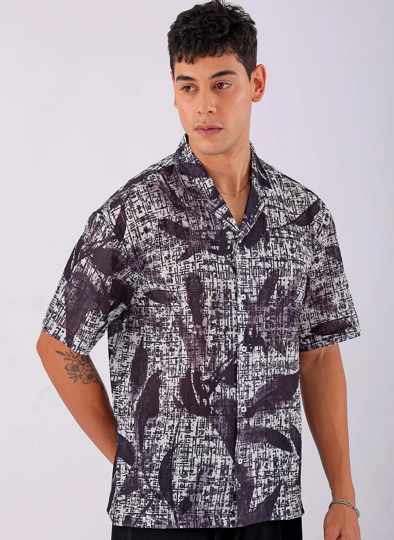 The Indian Garage Co Men Relaxed Fit Abstract Printed Half Sleeves Cuban Collar Resort Wear Shirt