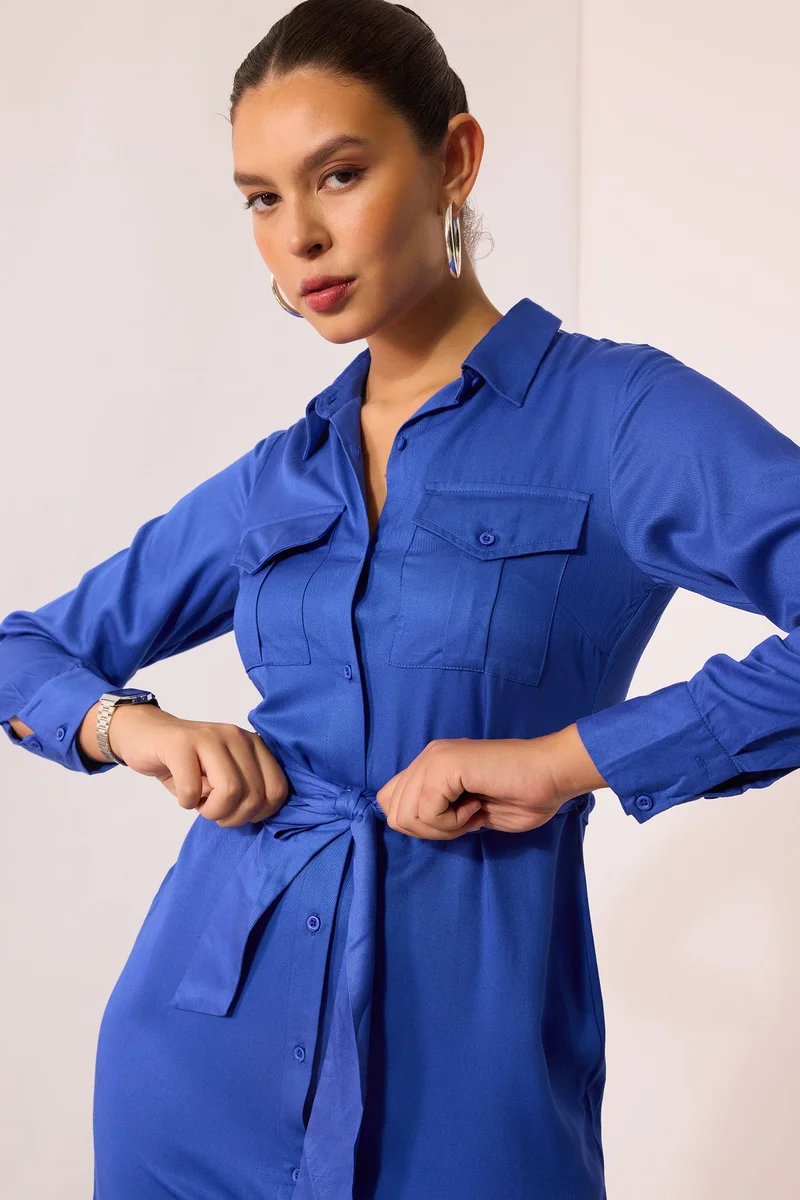 فيرجيو Solid Viscose Blue Midi Shirt Dress With Belt for Women