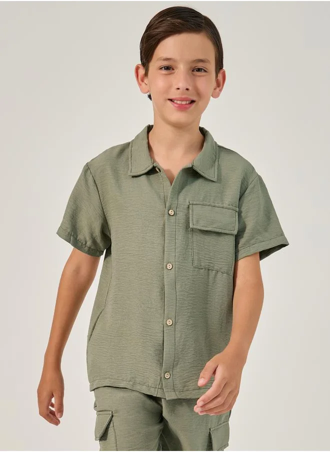 Styli Solid Crinkled Shirt and Cargo Shorts Set