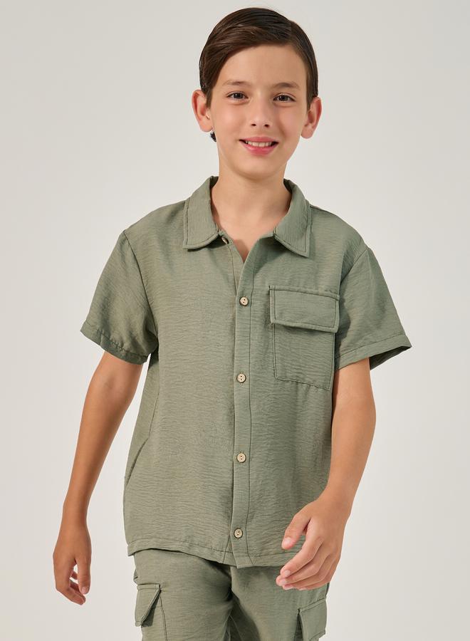 Styli Solid Crinkled Shirt and Cargo Shorts Set  - Image 1