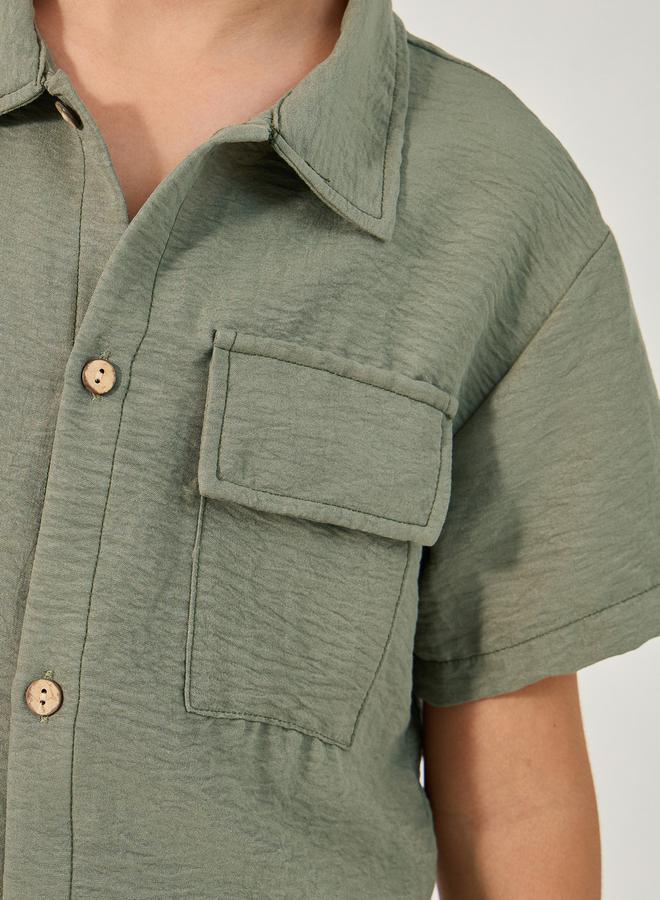 Styli Solid Crinkled Shirt and Cargo Shorts Set  - Image 3