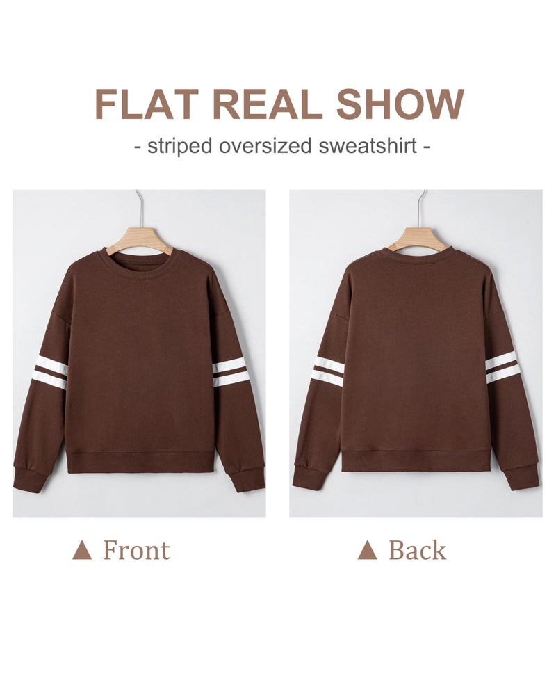 SELINK Womens Varsity Striped Oversized Sweatshirt Crewneck Long Sleeve Casual Fashion Pullover Top Fall Outfits Coffee-S - Image 2